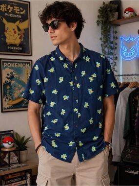 Pokemon Navy Short-Sleeve Button-Down Shirt with Green and Yellow Squirtle Print